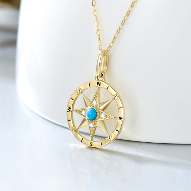 14K Gold Circular Shaped Cubic Zirconia & Turquoise Compass Pendant Necklace-2