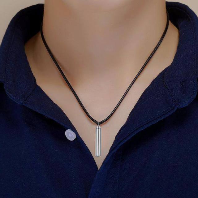 Sterling Silver Bar Urn Necklace for Ashes with Black Rope Chain for Men-1
