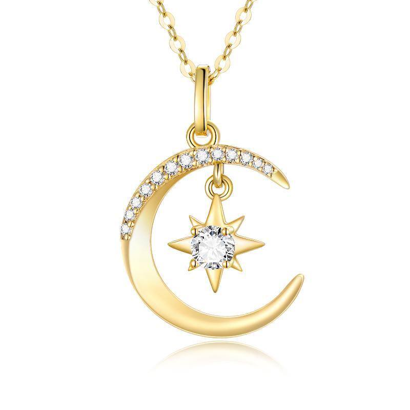 14K Gold Moissanite Moon & Pentagram Pendant Necklace-1