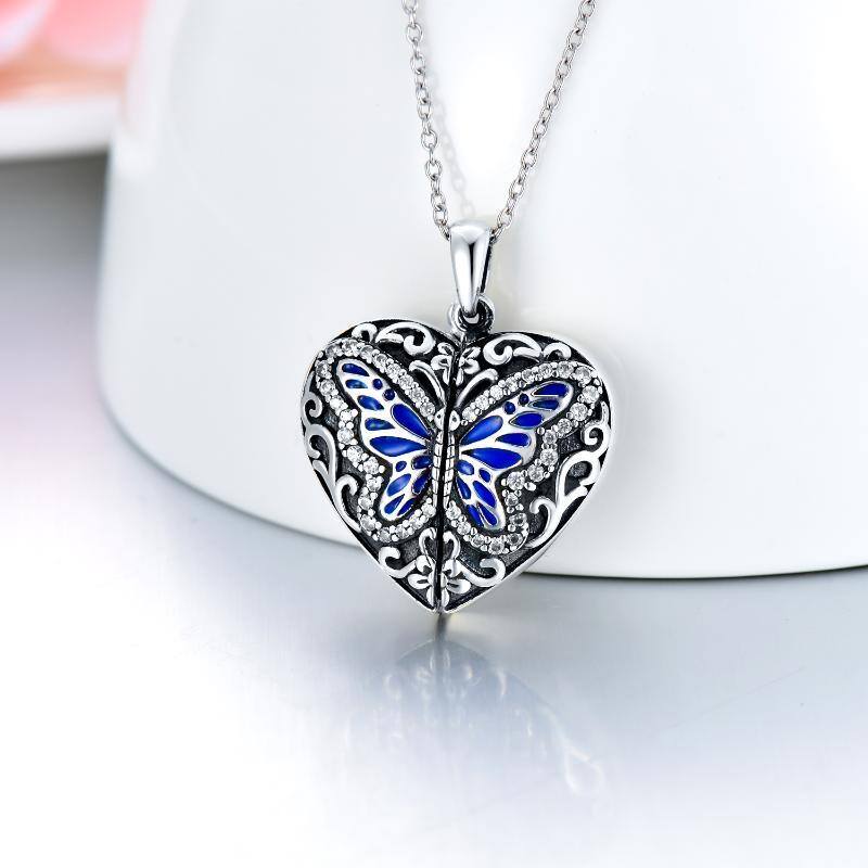 Sterling Silver Circular Shaped Butterfly & Personalized Photo Personalized Photo Locket Necklace-3