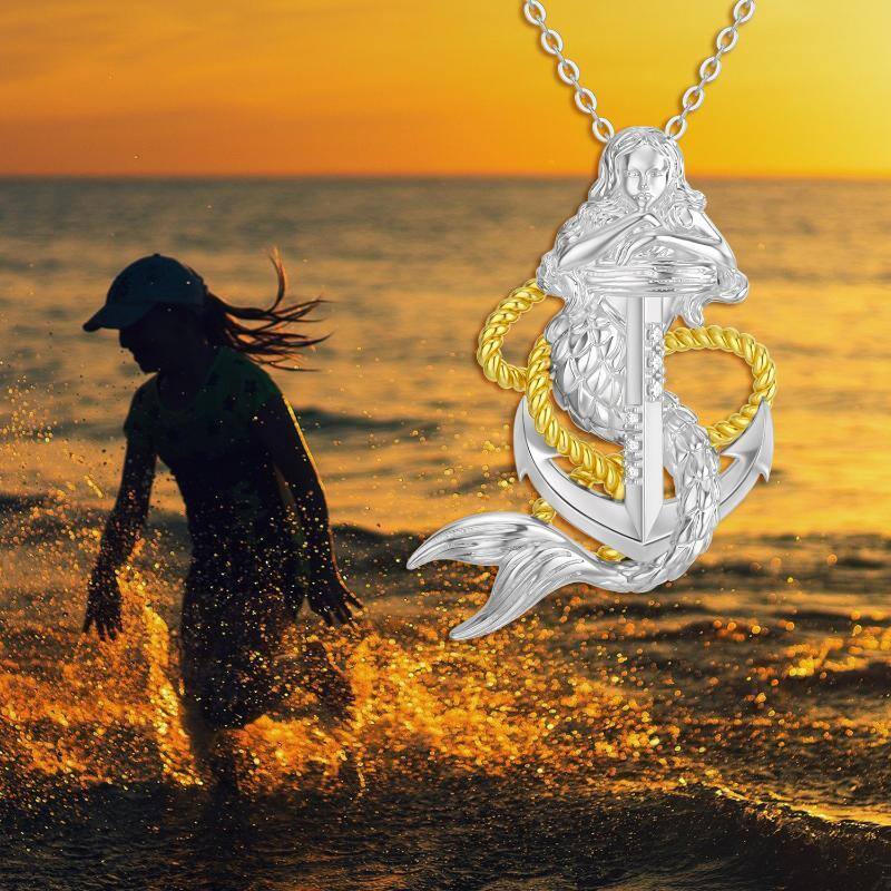 Sterling Silver Two-tone Anchor & Mermaid Cable Chain Necklace-6