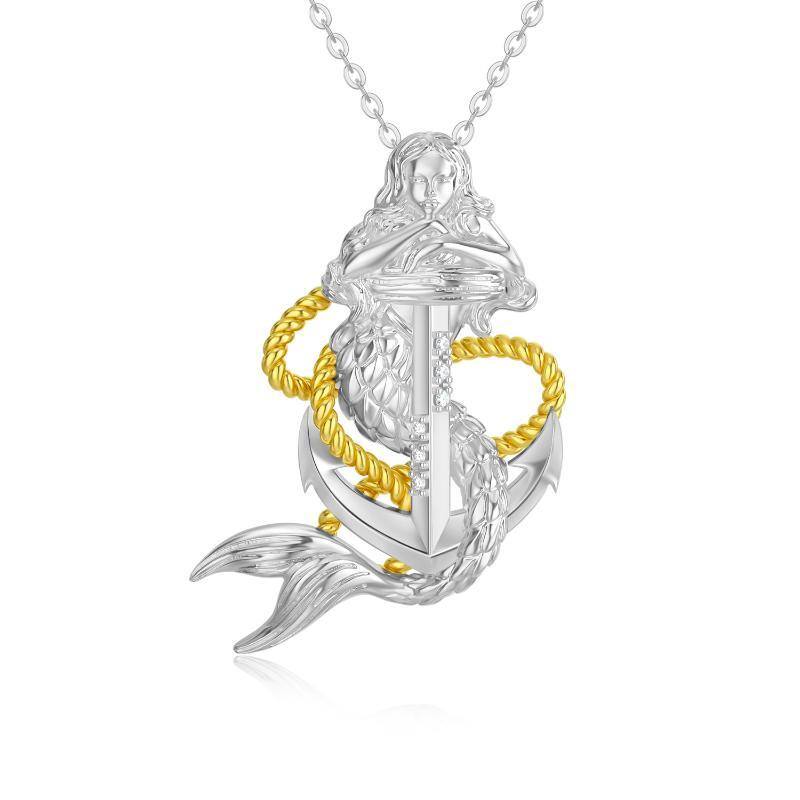 Sterling Silver Two-tone Anchor & Mermaid Cable Chain Necklace-1