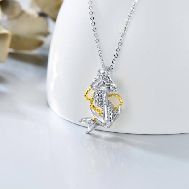 Sterling Silver Two-tone Anchor & Mermaid Cable Chain Necklace-2