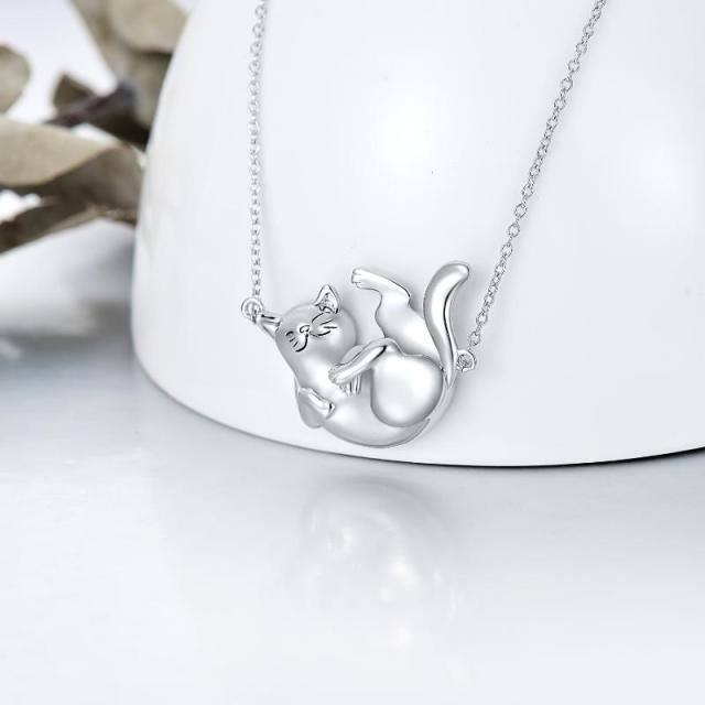 Sterling Silver Cat Pendant Necklace with 14K White Gold Plated-3