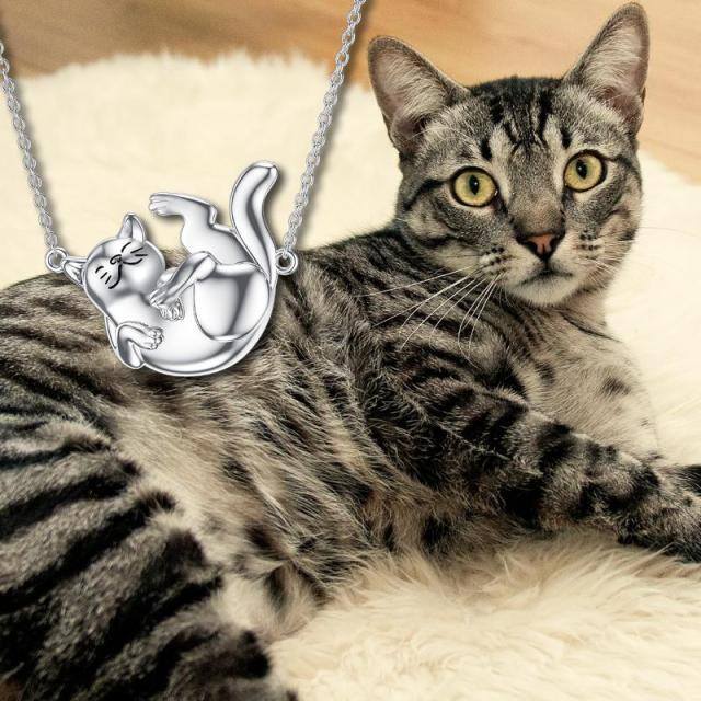 Sterling Silber Katze Anhänger Halskette mit 14K Weißgold plattiert-4