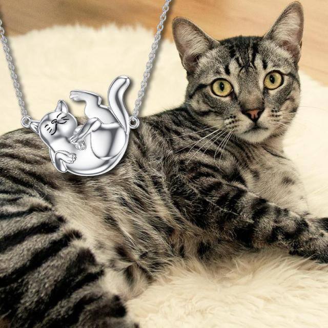 Colar com pingente de gato em prata de lei com banho de ouro branco 14K-4