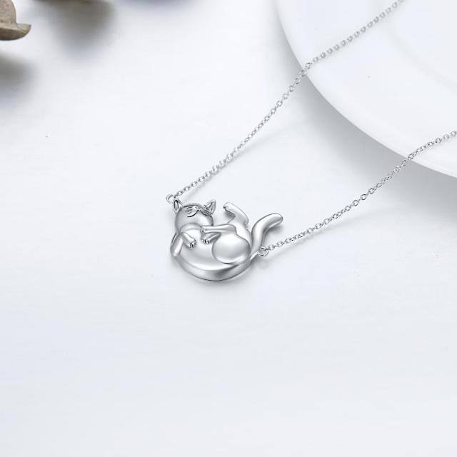 Sterling Silver Cat Pendant Necklace with 14K White Gold Plated-3