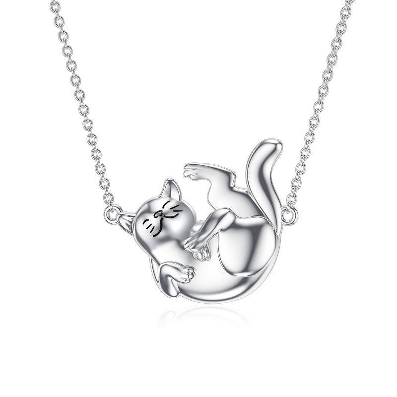 Sterling Silver Cat Pendant Necklace with 14K White Gold Plated-1