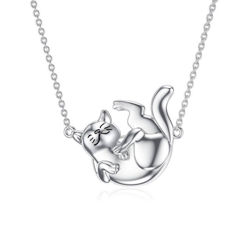 Sterling Silber Katze Anhänger Halskette mit 14K Weißgold plattiert-1