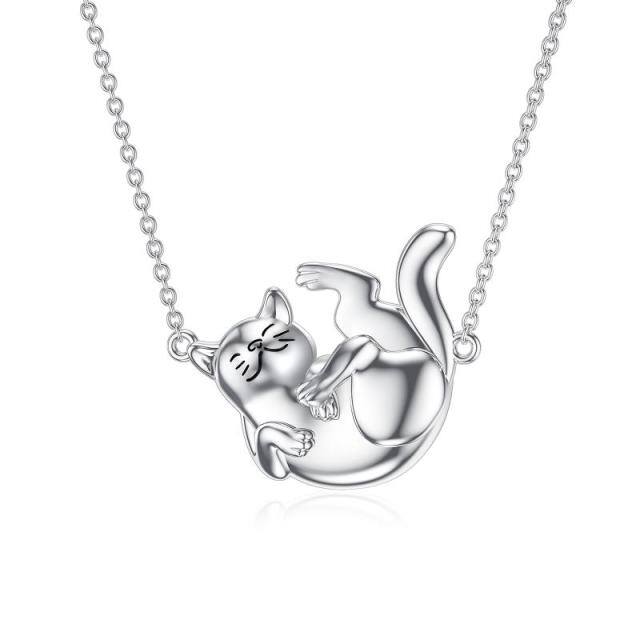 Colar com pingente de gato em prata de lei com banho de ouro branco 14K-0