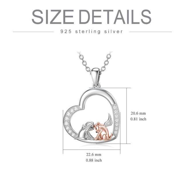 Sterling Silver Two-tone Cubic Zirconia Dog & Angel Wing Heart Pendant Necklace-3