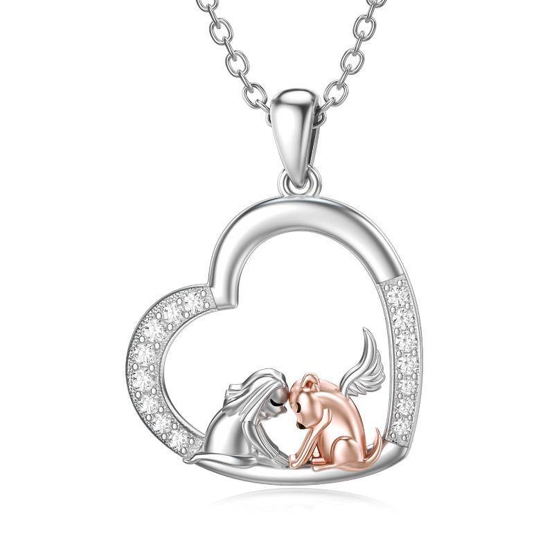 Sterling Silver Two-tone Cubic Zirconia Dog & Angel Wing Heart Pendant Necklace-1