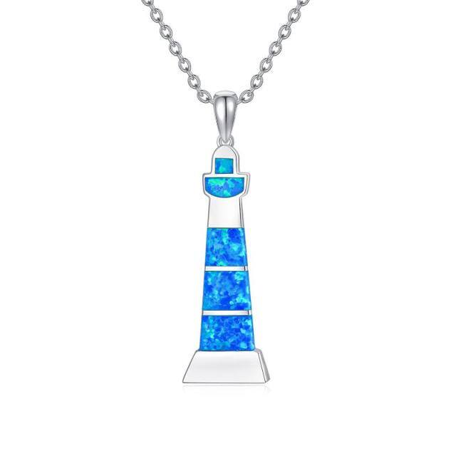 Sterling Silver Opal Lighthouse Pendant Necklace-1