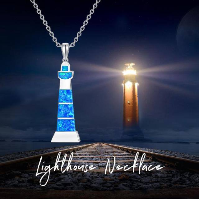 Sterling Silver Opal Lighthouse Pendant Necklace-6