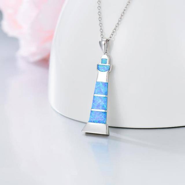 Sterling Silver Opal Lighthouse Pendant Necklace-3