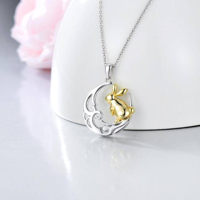 Sterling Silver Two-tone Rabbit & Celtic Knot & Moon Pendant Necklace-2