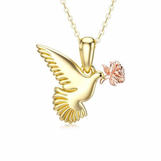 Colar com pingente de pássaro e rosa em ouro 14K e ouro rosa