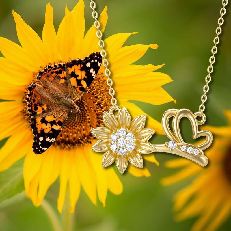 14K Gold Moissanit Schmetterling & Sonnenblume Anhänger Halskette-6