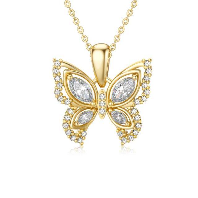 14K Gold Oval Shaped Cubic Zirconia Butterfly Pendant Necklace-0