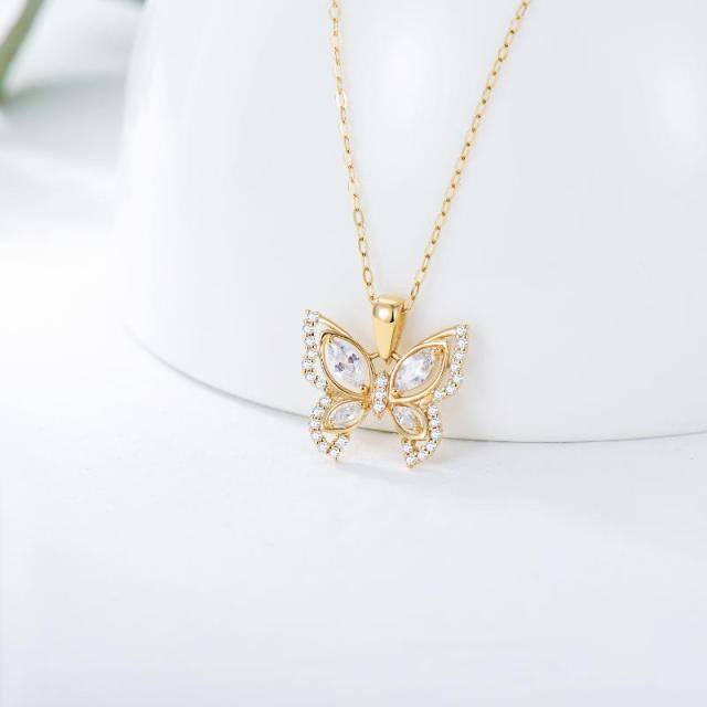 14K Gold Oval Shaped Cubic Zirconia Butterfly Pendant Necklace-2