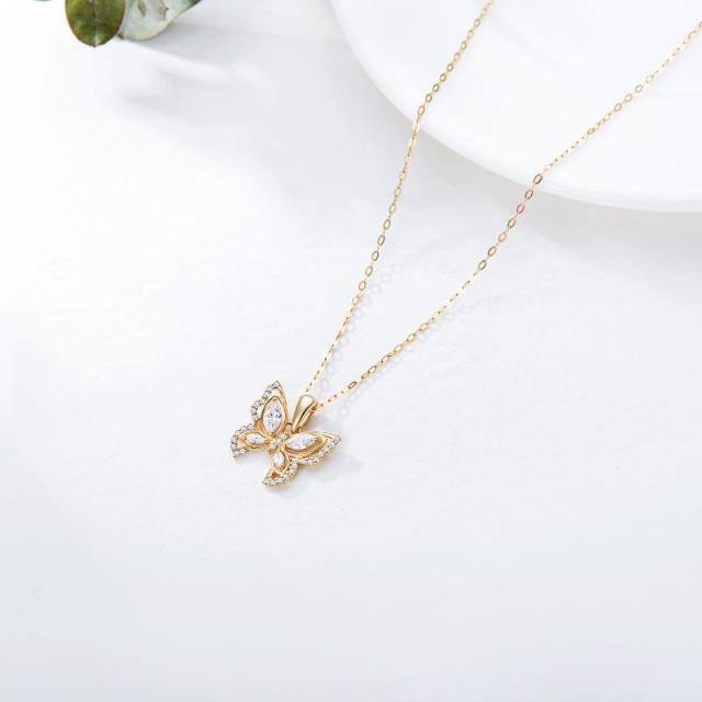 14K Gold Oval Shaped Cubic Zirconia Butterfly Pendant Necklace-3