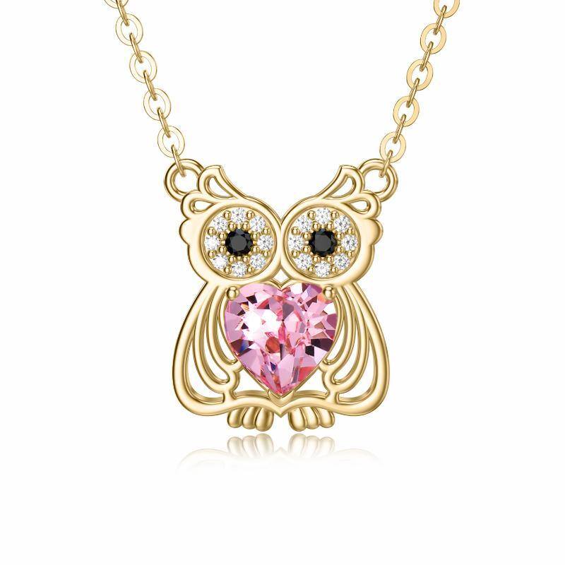 14K Gold Heart Shaped Cubic Zirconia Owl Pendant Necklace-1