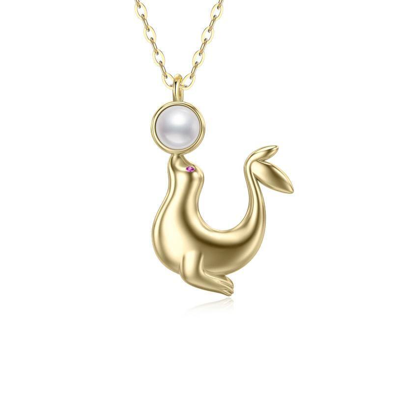 14K Gold Pearl Sea ​​lion Pendant Necklace-1