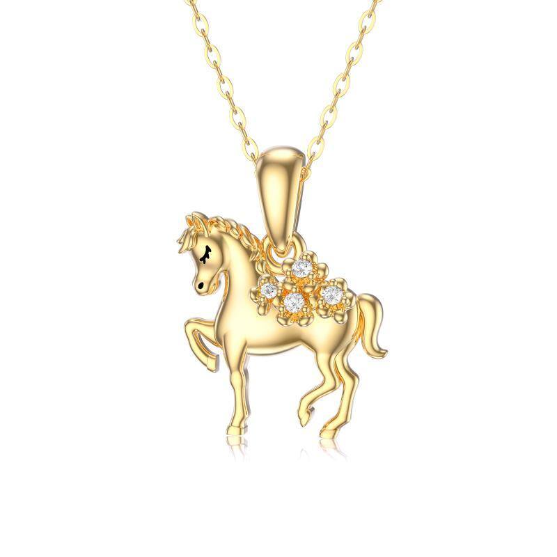 14K Gold Circular Shaped Moissanite Horse Pendant Necklace-1