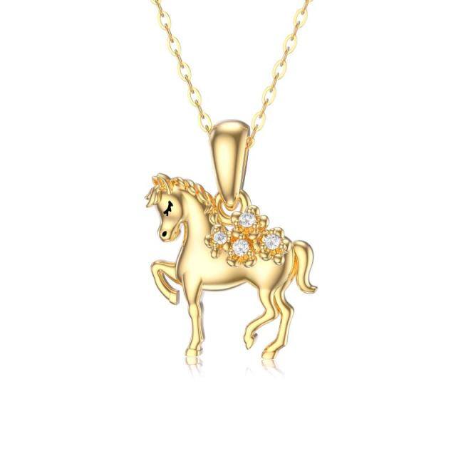 Colar com pingente de cavalo Moissanite em formato circular em ouro 14K-0