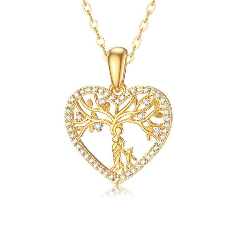 14K Gold Moissanite Tree Of Life & Mother Pendant Necklace-1
