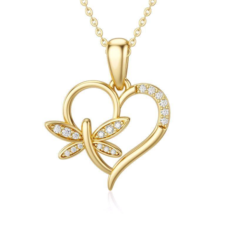 14K Oro Cúbico Zirconia Libélula y Corazón Collar Colgante-1