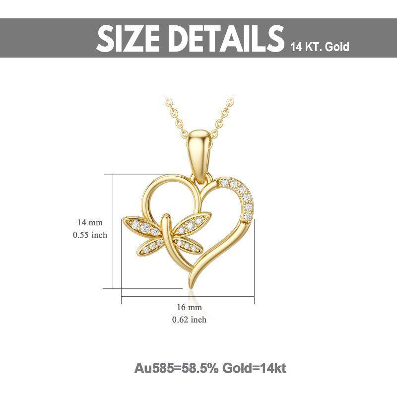 14K Gold Cubic Zirkonia Libelle & Herz Anhänger Halskette-6