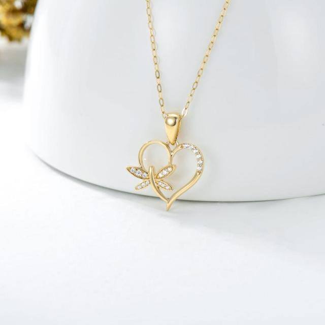 14K Gold Cubic Zirkonia Libelle & Herz Anhänger Halskette-3