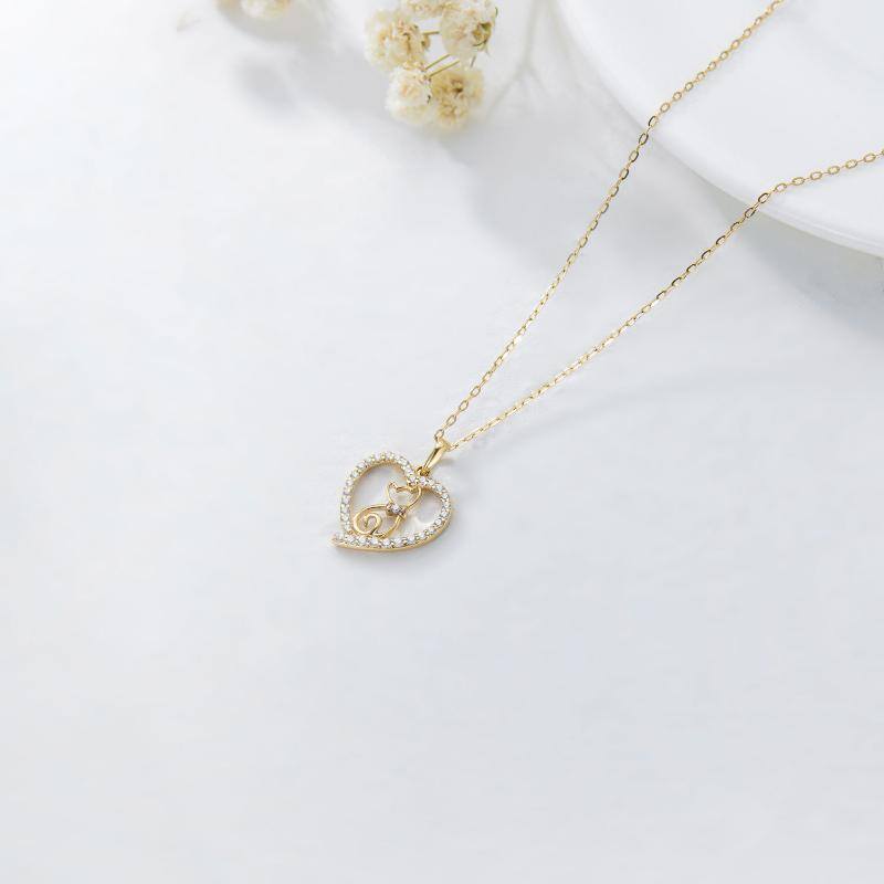14K Gold Cat & Heart Pendant Necklace-6