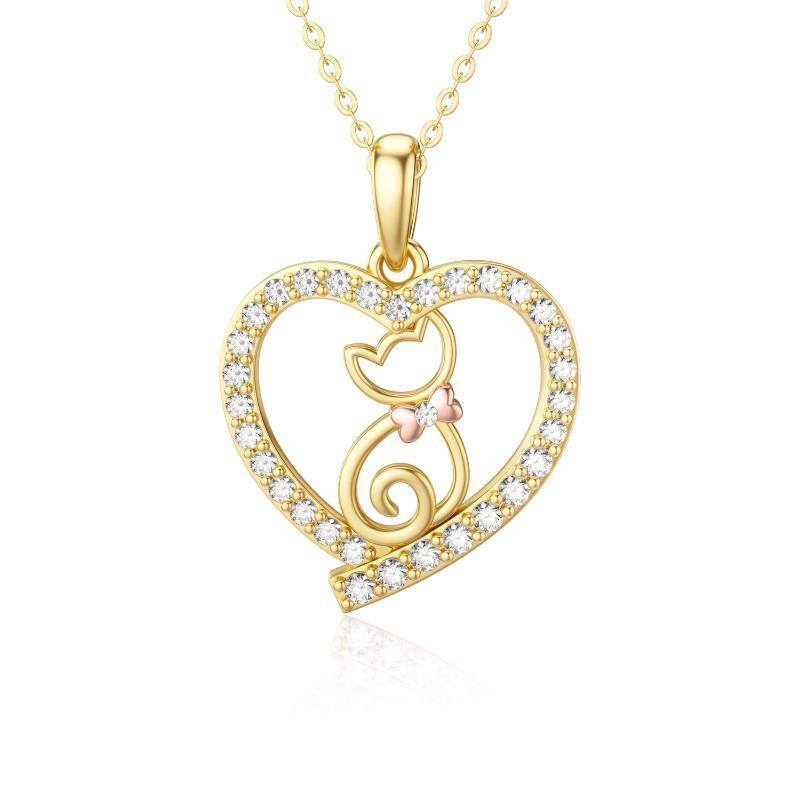 14K Gold Cat & Heart Pendant Necklace-1