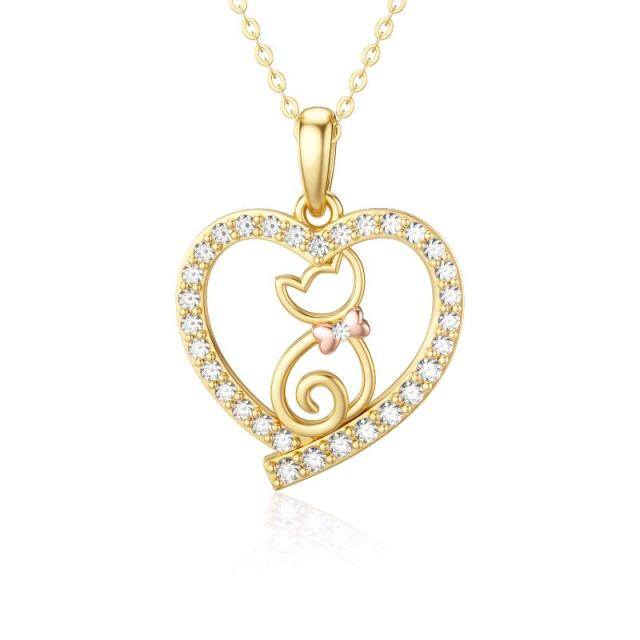 14K Gold Cat & Heart Pendant Necklace-0