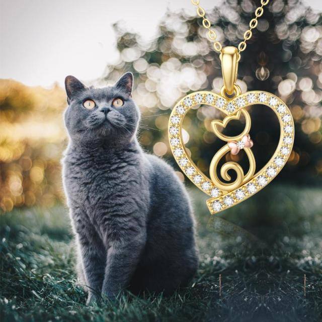 14K Gold Cat & Heart Pendant Necklace-3
