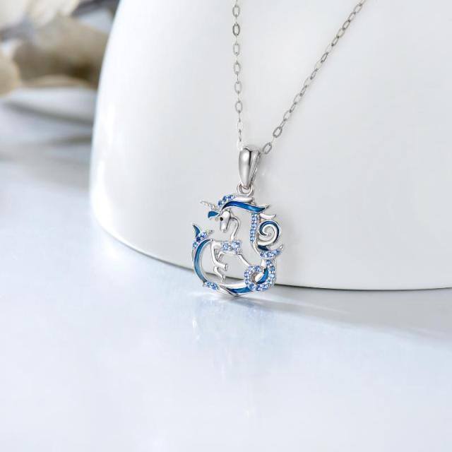 14K White Gold Cubic Zirconia Heart & Unicorn Pendant Necklace-3