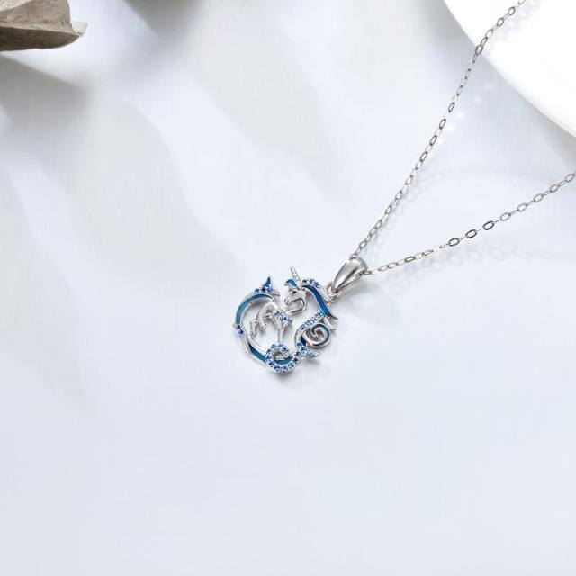 14K White Gold Cubic Zirconia Heart & Unicorn Pendant Necklace-2