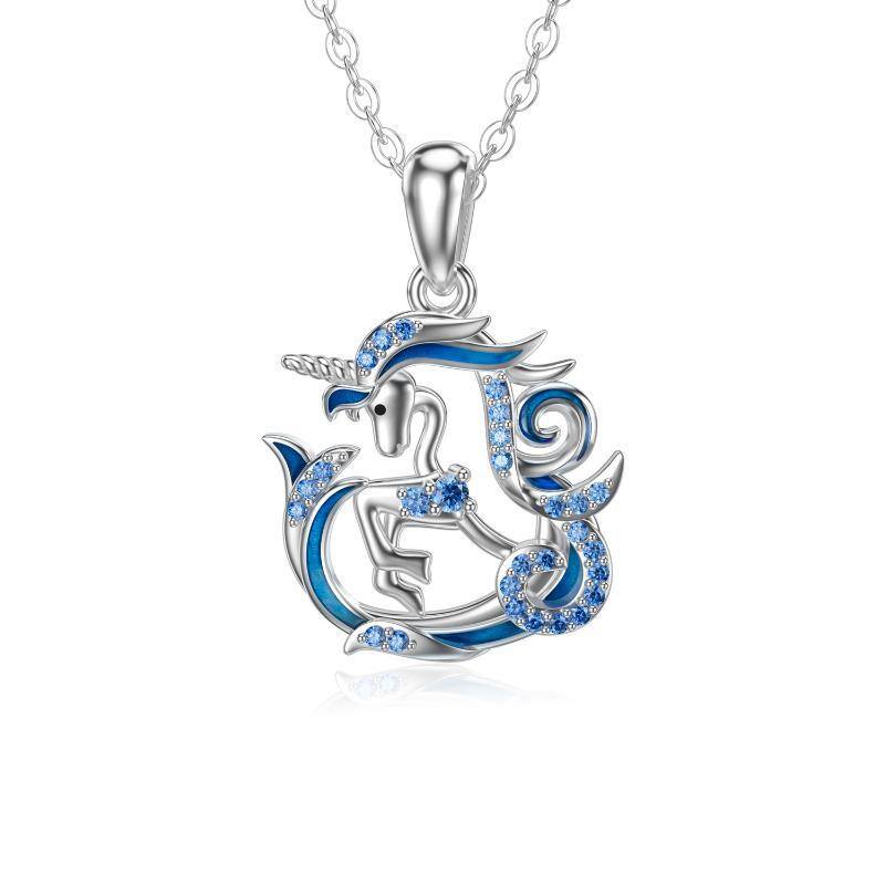 14K White Gold Cubic Zirconia Heart & Unicorn Pendant Necklace-1