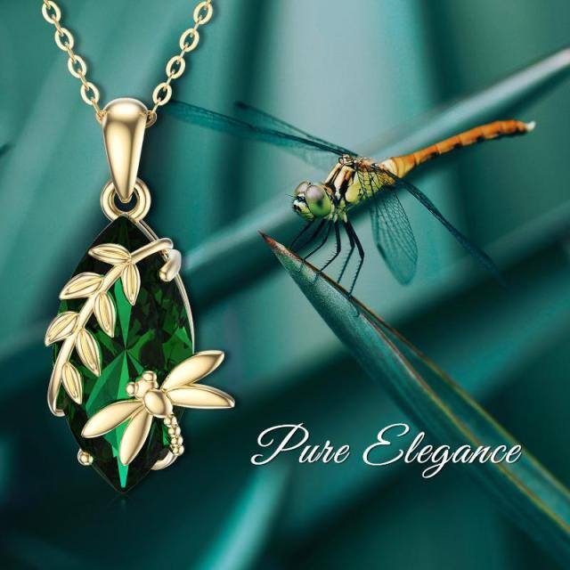 14K Gold Pear Shaped Moissanite Dragonfly & Leaves Pendant Necklace-4