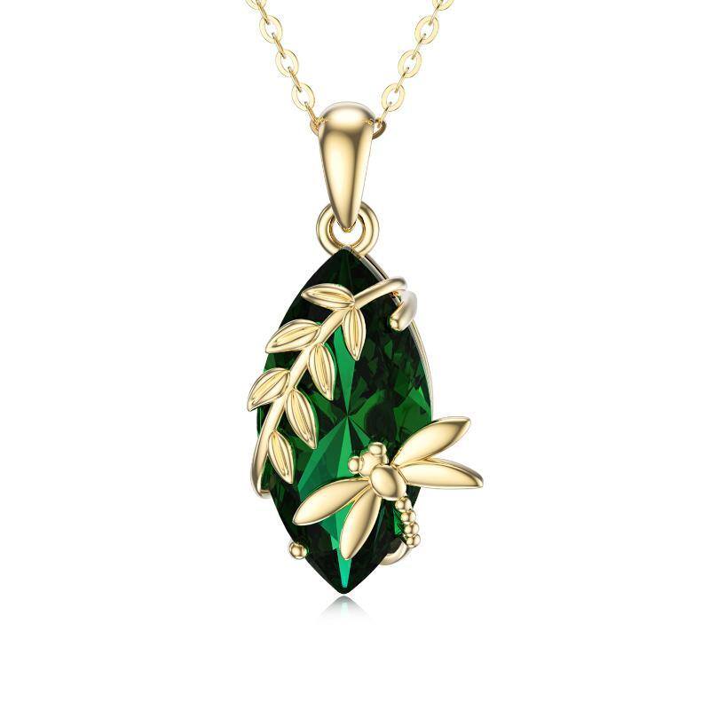 14K Gold Pear Shaped Moissanite Dragonfly & Leaves Pendant Necklace-1