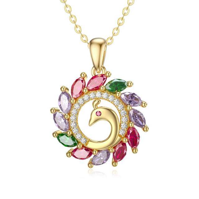 14K Gold Cubic Zirconia Peacock Pendant Necklace-0