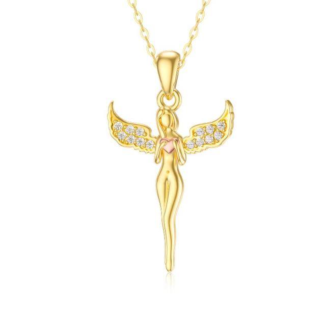 14K Gold & Rose Gold Cubic Zirconia Angel Wing & Heart Pendant Necklace-3