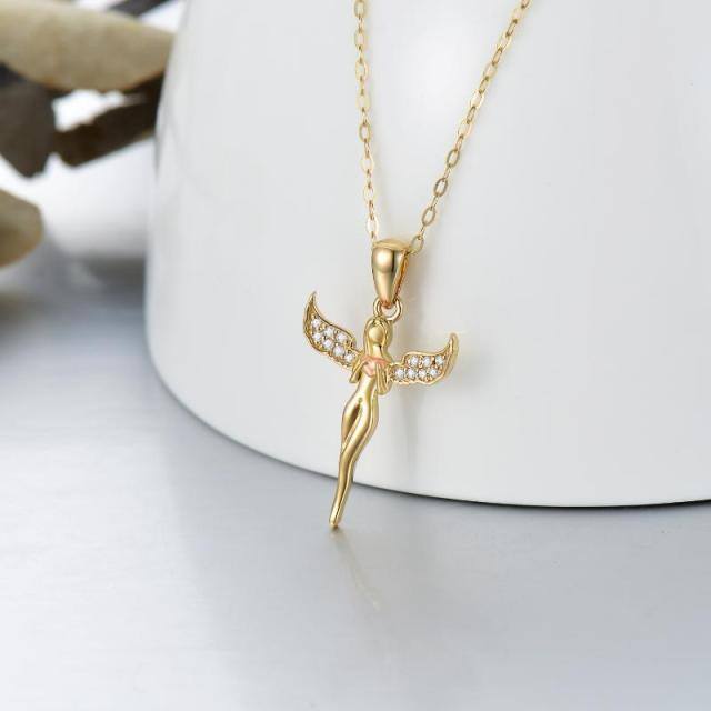 Colar com pingente de asa de anjo e coração em ouro 14K e ouro rosa com zircónias cúbicas-2