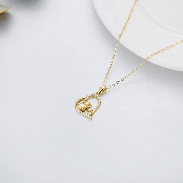 14K Gold Cubic Zirconia Elephant & Parents & Children & Heart Pendant Necklace-3