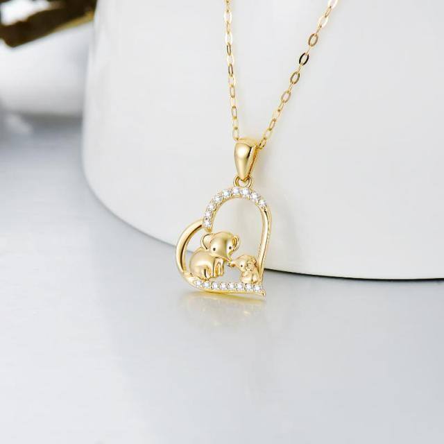 14K Gold Cubic Zirconia Elephant & Parents & Children & Heart Pendant Necklace-2