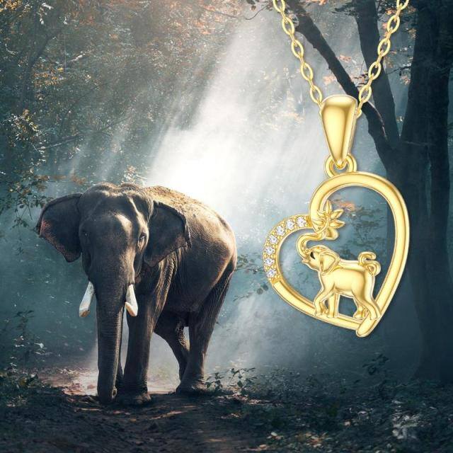 Colar com pingente de coração e elefante em zircónio cúbico em ouro de 14K-5