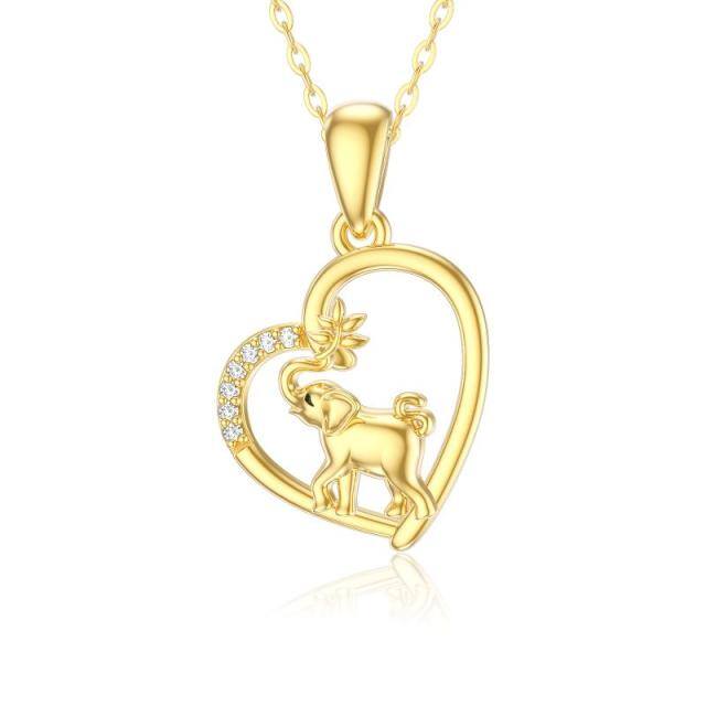 14K Gold Cubic Zirconia Elephant & Heart Pendant Necklace-1