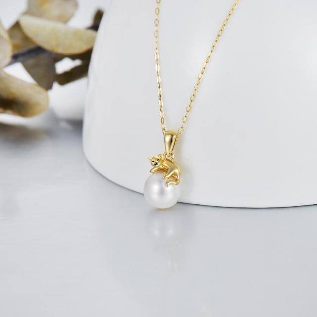 14K Gold Pearl Cat Pendant Necklace-2